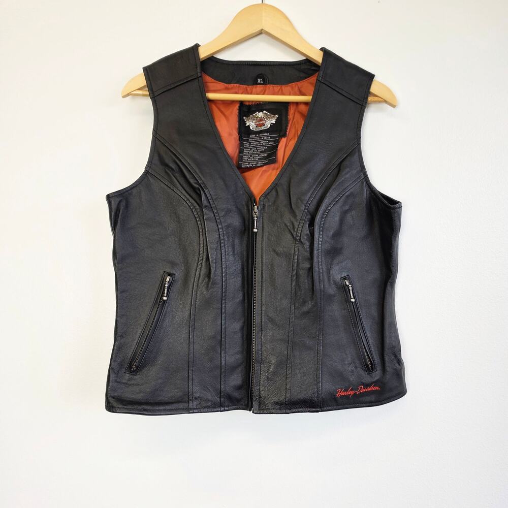 Harley Davidson Women's Black Leather Vest Embroidered Logo Back Zip Pockets XL